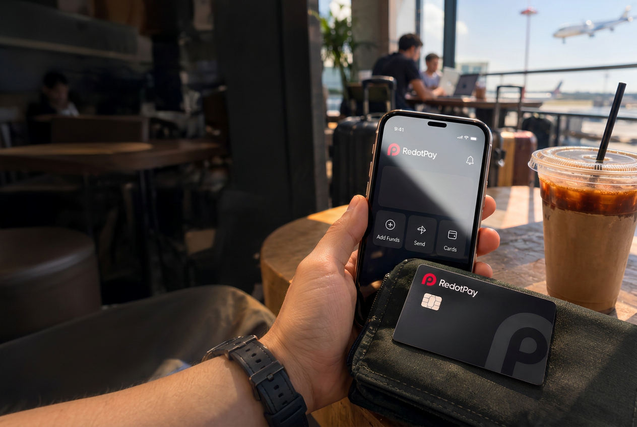 RedotPay phone and physical card beside an iced coffee in an airport café